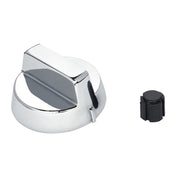 A shiny silver Empura Equipment control knob with a black indicator line sits on a white background. To the right is a small, round black plastic component with slight ridges along its sides. Both Empura Parts are separated and unconnected.