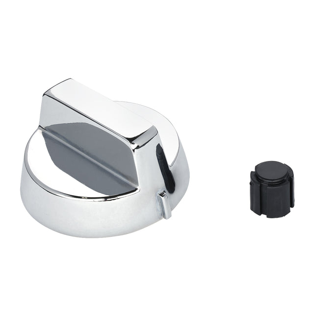 A shiny silver Empura Equipment control knob with a black indicator line sits on a white background. To the right is a small, round black plastic component with slight ridges along its sides. Both Empura Parts are separated and unconnected.