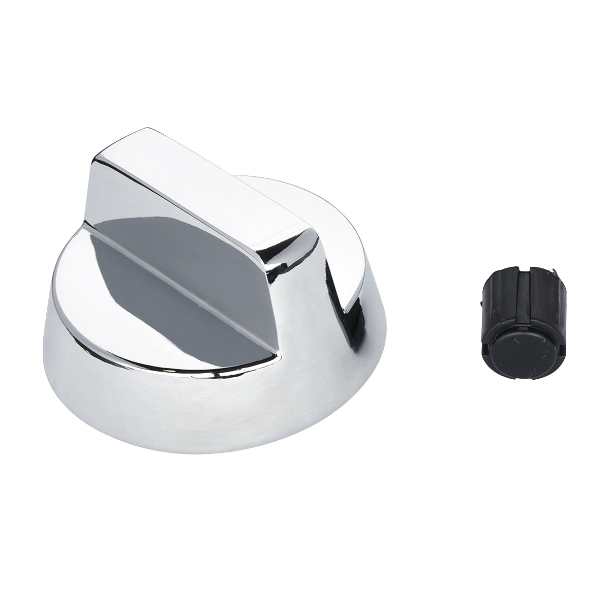 A shiny, silver, cylindrical control knob from Empura Parts with a vertical ridge sits on a white surface. To its right is a small, round, black plastic adapter with ridges, designed for Empura Equipment appliance shafts.