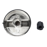 A round, silver metal component with a central hole and two raised sections sits on a white background. Next to it is a small, black plastic knob. Both objects are Empura Parts likely used in Empura Equipment assemblies.