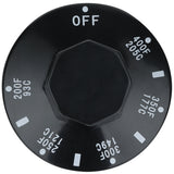 A black round oven temperature control knob with white markings, designed for Empura Equipment. The knob features “OFF” at the top and temperature settings in °F/°C: 200°F/93°C up to 400°F/205°C, making it an ideal replacement Empura Parts knob.