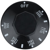 A black round oven temperature control knob with white markings, designed for Empura Equipment. The knob features “OFF” at the top and temperature settings in °F/°C: 200°F/93°C up to 400°F/205°C, making it an ideal replacement Empura Parts knob.