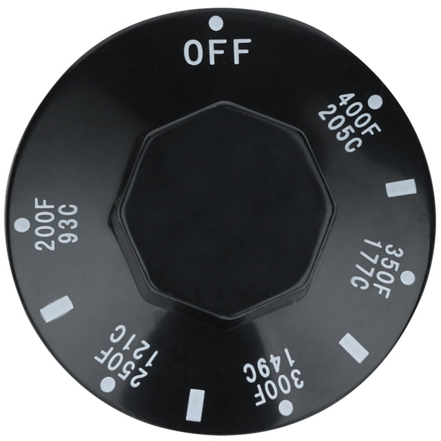 A black round oven temperature control knob with white markings, designed for Empura Equipment. The knob features “OFF” at the top and temperature settings in °F/°C: 200°F/93°C up to 400°F/205°C, making it an ideal replacement Empura Parts knob.