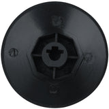 A close-up of an Empura Equipment knob, a black, circular plastic object featuring a central hexagonal indentation and a smaller circular hole at the center, with three evenly spaced screw holes along the matte surface.