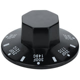 A black Empura Parts knob with white temperature markings from 200°F (93°C) to 350°F (177°C). Featuring a hexagonal grip and round base, this knob is commonly used for controlling Empura Equipment ovens or appliances.
