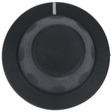 A black round Empura Equipment knob viewed from above, with a small white vertical line indicator at the top to show its position. The knob features a slightly textured surface and subtle circular indentations around its edge. Background is plain white.
