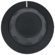A black round Empura Equipment knob viewed from above, with a small white vertical line indicator at the top to show its position. The knob features a slightly textured surface and subtle circular indentations around its edge. Background is plain white.