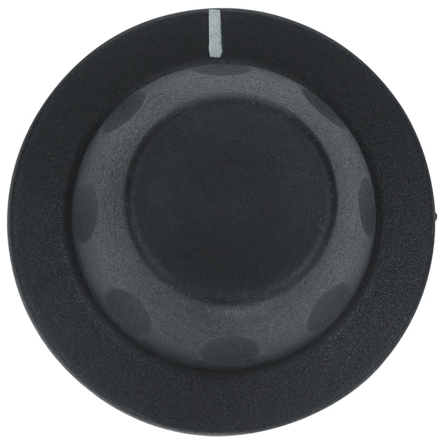 A black round Empura Equipment knob viewed from above, with a small white vertical line indicator at the top to show its position. The knob features a slightly textured surface and subtle circular indentations around its edge. Background is plain white.