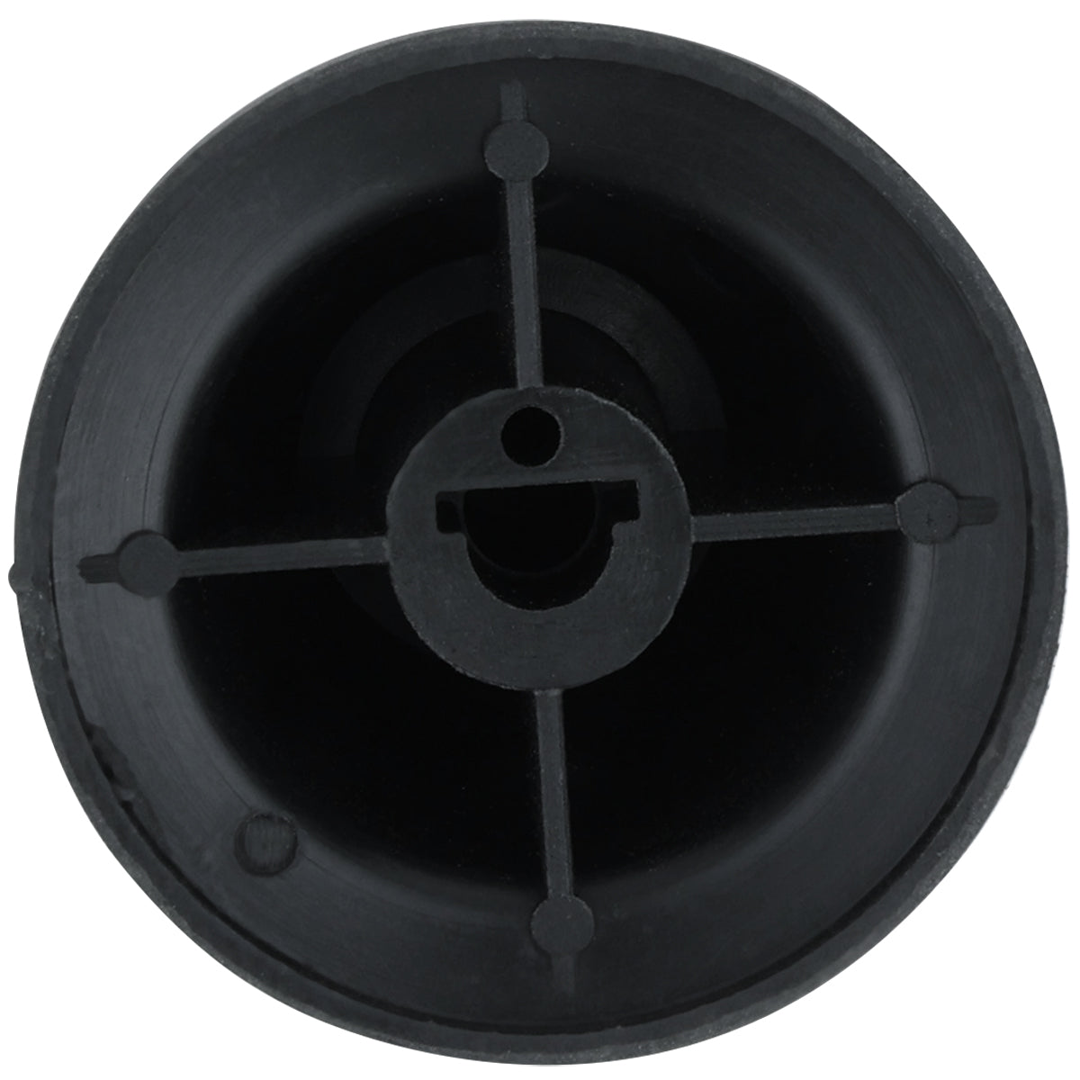 A close-up view of a round, black plastic knob—possibly from Empura Equipment—with a hollow center, four internal spokes forming a cross, and a central hole featuring a small semicircular notch. The matte surface appears slightly textured.
