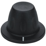 A black plastic control knob for Empura Equipment with a flared base, rounded top, and textured sides. A white line indicator is printed vertically on the base, marking precise adjustments. The knob is isolated on a white background.