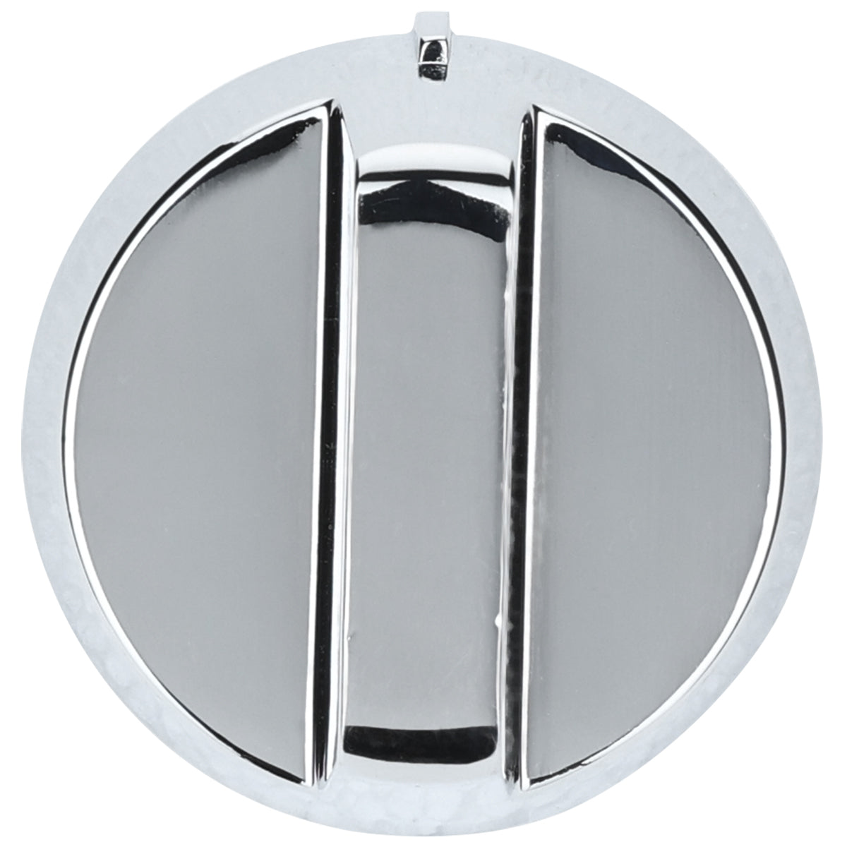 A shiny, round Empura oven knob seen from above, featuring a raised vertical grip in the center and two flat, curved side sections. The smooth, reflective surface includes a small rectangular notch on the top edge—ideal as an Empura replacement part.
