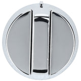A shiny, round Empura oven knob seen from above, featuring a raised vertical grip in the center and two flat, curved side sections. The smooth, reflective surface includes a small rectangular notch on the top edge—ideal as an Empura replacement part.