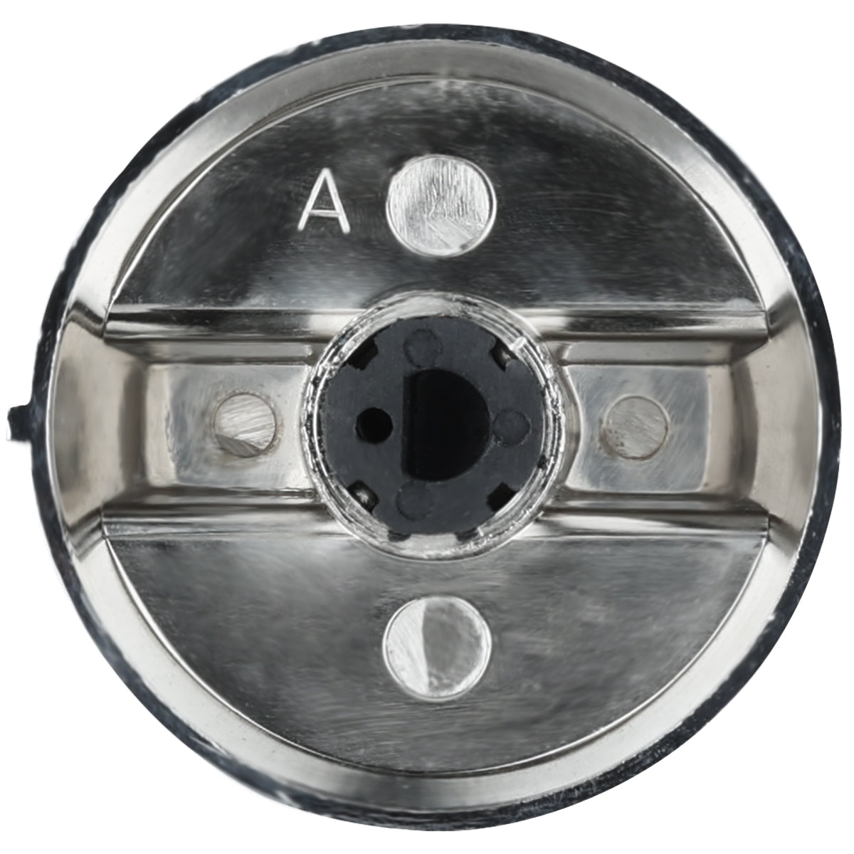 Close-up of an Empura oven knob, a metallic, circular object with a shiny surface and indented center featuring a black plastic core. The letter A is engraved on the top left, with three round, silver indents spaced around the center.