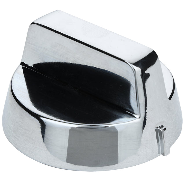 A shiny, metallic silver Empura oven knob with a flat top and an indented black line for grip, shown against a plain white background. The knob has a notch on one side likely serving as an indicator—ideal for Empura replacement parts.
