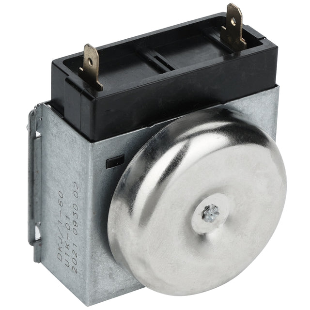 A close-up of an Empura Equipment oven timer with a silver metal housing and a round, shiny bell facing front. The black plastic top has two vertical brass prongs for electrical connections. Numbers and serial codes are printed on the metal side.