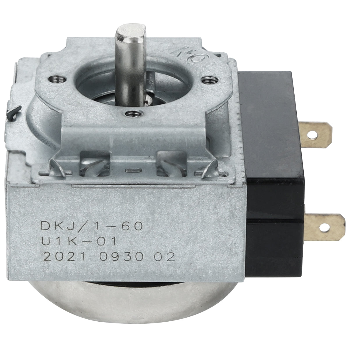 A close-up of a metal mechanical timer switch, compatible with Empura Equipment, features a central rotating shaft, black plastic housing, and two flat brass electrical connectors. The side displays printed text: DKJ/1-60 U1K-01 2021 0930 02.