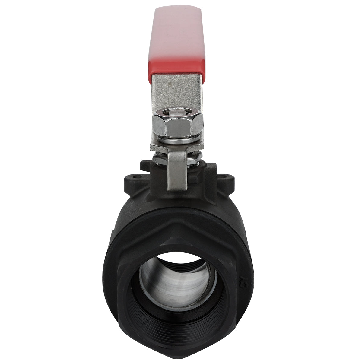 Close-up, front view of a black metal drain valve with a hexagonal opening and a red, rectangular lever handle on top, positioned vertically. The metal nut and joint mechanism are visible above the valve opening—Empura Parts EGF-70/80.