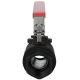 Close-up, front view of a black metal drain valve with a hexagonal opening and a red, rectangular lever handle on top, positioned vertically. The metal nut and joint mechanism are visible above the valve opening—Empura Parts EGF-70/80.