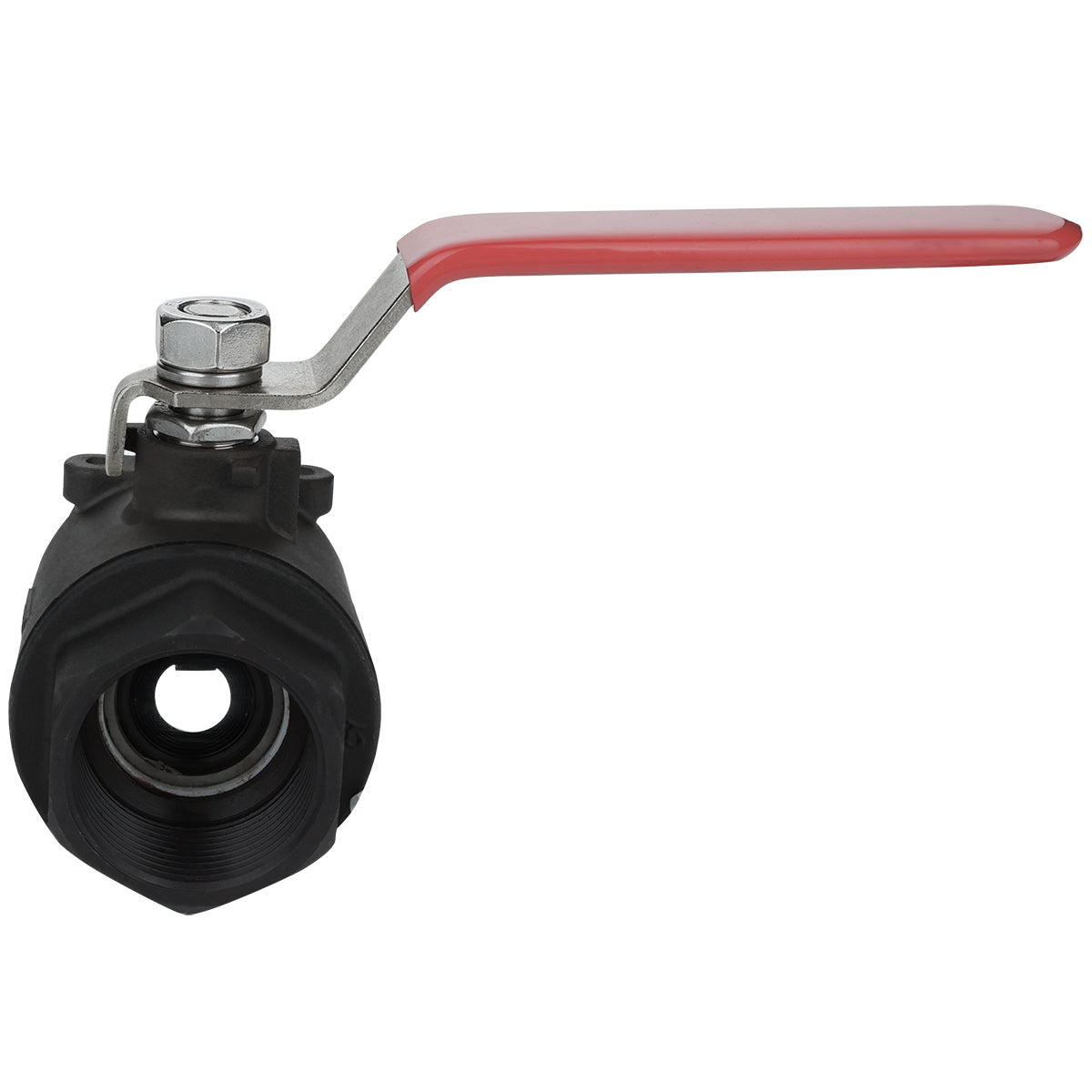 A black metal drain valve, such as the Empura Parts EGF-70/80, with a red, elongated lever handle viewed from the front. The valve features a hexagonal threaded opening and shiny stem, with the handle positioned horizontally to the right.