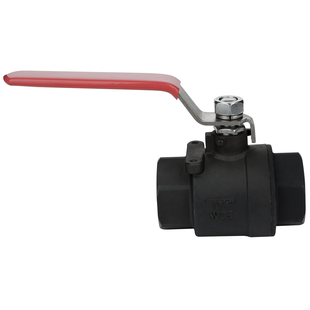 A black metal drain valve, EGF-70/80 by Empura Parts, with a red lever handle is shown against a white background. The matte valve body features threaded ends for pipe connections and visible markings on the side.