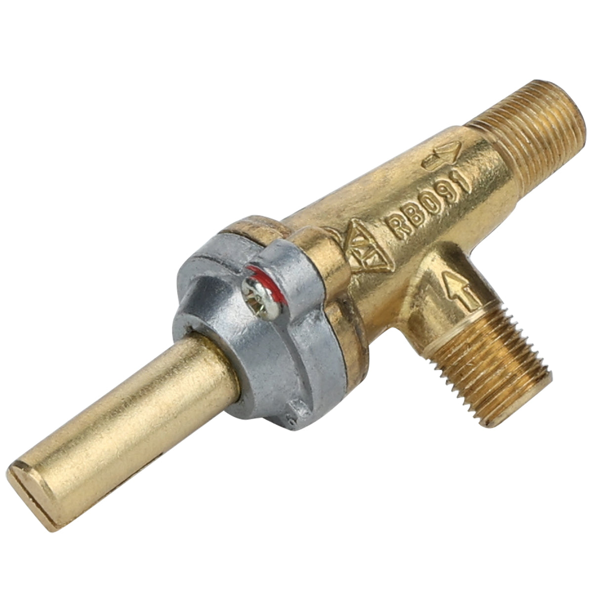 A brass refrigerator access valve, compatible with Empura Equipment, features threaded male ends, a cylindrical stem, and a metal adjustment knob. Engraved text and arrows on the body show flow direction for efficient refrigeration system servicing.