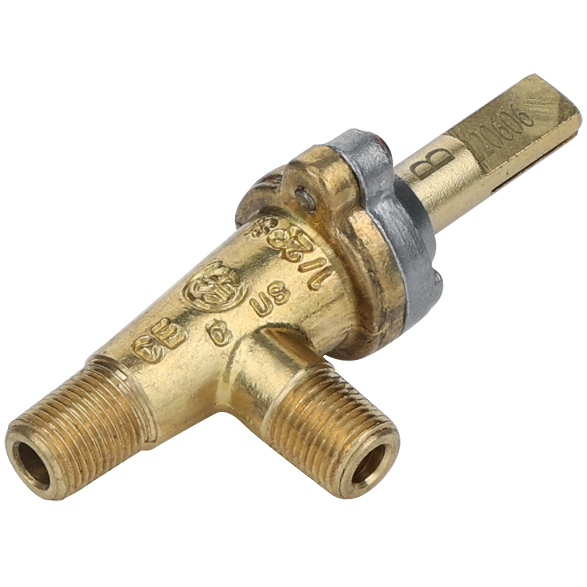 Close-up of an Empura Parts brass shut-off valve with cylindrical threaded inlets and outlets. The valve, often used as an open burner valve in Empura Equipment, features engraved markings and a rectangular lever for manual operation.