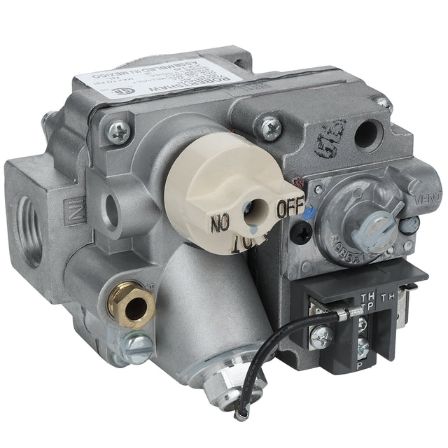 A close-up of a metallic gas control valve (Valve(NAT)) with labeled dials, connectors, and wiring terminals. A beige Empura Equipment control knob labeled OFF and ON is visible, along with several ports and engraved labels on a textured metal surface.