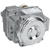 Close-up of a metallic gas valve (Valve(NAT)) with a round, shiny cover labeled ROBERTSHAW. Features threaded pipe connections, visible screws, and a white label with technical details. Compatible with Empura Equipment and Empura Parts. White background.