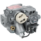 A close-up of a metallic gas control valve, likely an Empura Equipment Valve(LP), with various knobs, labels, and connectors. The beige PILOT OFF ON knob stands out on this device used for regulating gas in appliances.
