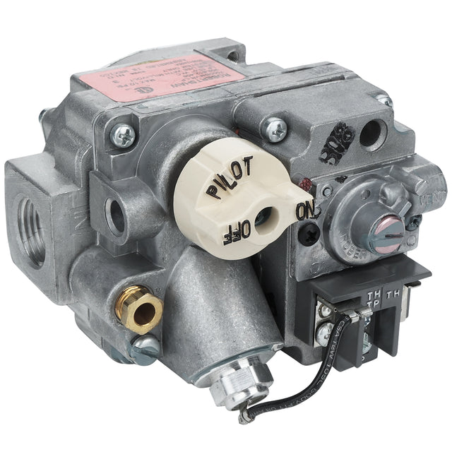 A close-up of a metallic gas control valve, likely an Empura Equipment Valve(LP), with various knobs, labels, and connectors. The beige PILOT OFF ON knob stands out on this device used for regulating gas in appliances.