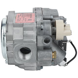 Close-up of a metallic gas valve assembly (Valve(LP)) for Empura Equipment, featuring visible wiring, brass fittings, a mesh-covered opening, a beige plastic connector, and a pink label. The background is plain white.
