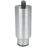 A cylindrical metal furniture leg with a smooth, brushed finish. The leg features adjustable legs capability, a threaded screw for attachment, and a flat black rubber base at the bottom for stability and floor protection.
