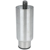 A cylindrical metal furniture leg with a smooth, brushed finish. The leg features adjustable legs capability, a threaded screw for attachment, and a flat black rubber base at the bottom for stability and floor protection.