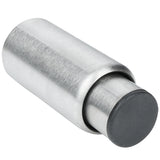 A cylindrical stainless steel door stopper with a brushed metal finish, similar to parts found in Empura Equipment. One end features a thick black rubber tip to absorb impact. The stopper lies at an angle, highlighting its smooth surface and sturdy construction.