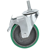 A single swivel castor with brake, featuring a green rubber tire, black hub, and silver bracket with threaded stem and side brake lever. Ideal as an Empura Equipment part for mounting on furniture or equipment for mobility.
