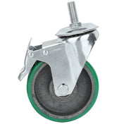 A single swivel castor with brake, featuring a green rubber tire, black hub, and silver bracket with threaded stem and side brake lever. Ideal as an Empura Equipment part for mounting on furniture or equipment for mobility.