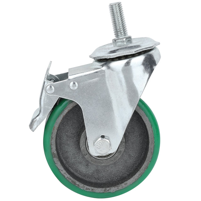 A single swivel castor with brake, featuring a green rubber tire, black hub, and silver bracket with threaded stem and side brake lever. Ideal as an Empura Equipment part for mounting on furniture or equipment for mobility.