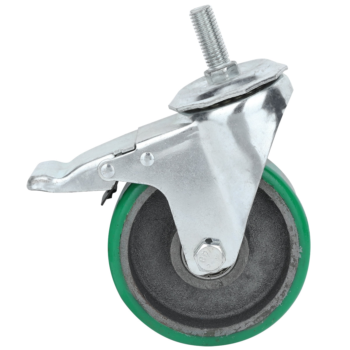 A single Empura Parts swivel Castor with Brake features a green rubber tire, metallic core, and shiny silver bracket. The threaded stem allows easy attachment, while the metal brake lever above the wheel ensures secure locking.