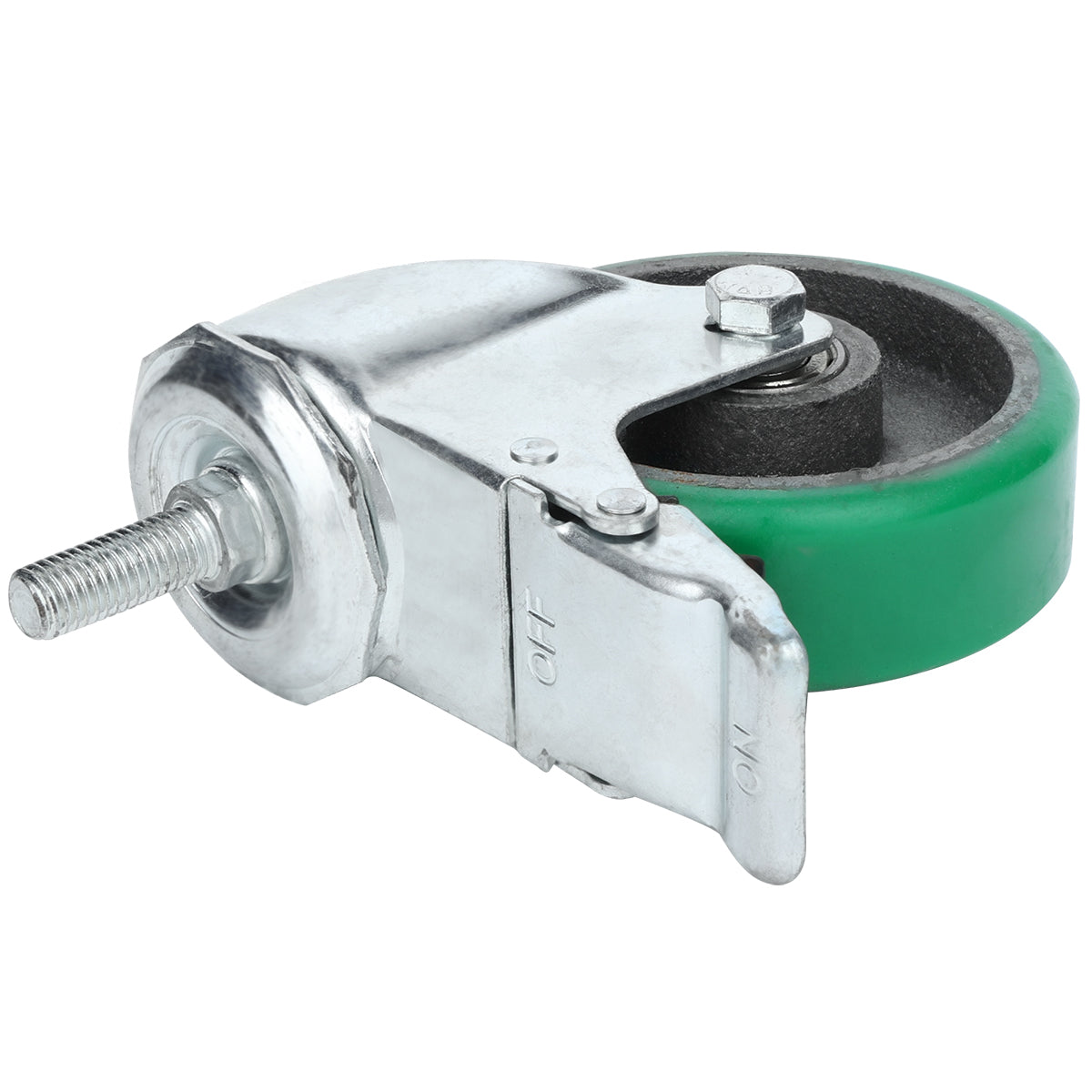 A metal swivel Castor with Brake features a green rubber outer layer, black inner core, and threaded stem for mounting. The silver brake lever marked “ON/OFF” is fixed to the bracket—ideal for Empura Equipment or similar furniture mobility needs.