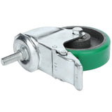 A metal swivel Castor with Brake features a green rubber outer layer, black inner core, and threaded stem for mounting. The silver brake lever marked “ON/OFF” is fixed to the bracket—ideal for Empura Equipment or similar furniture mobility needs.