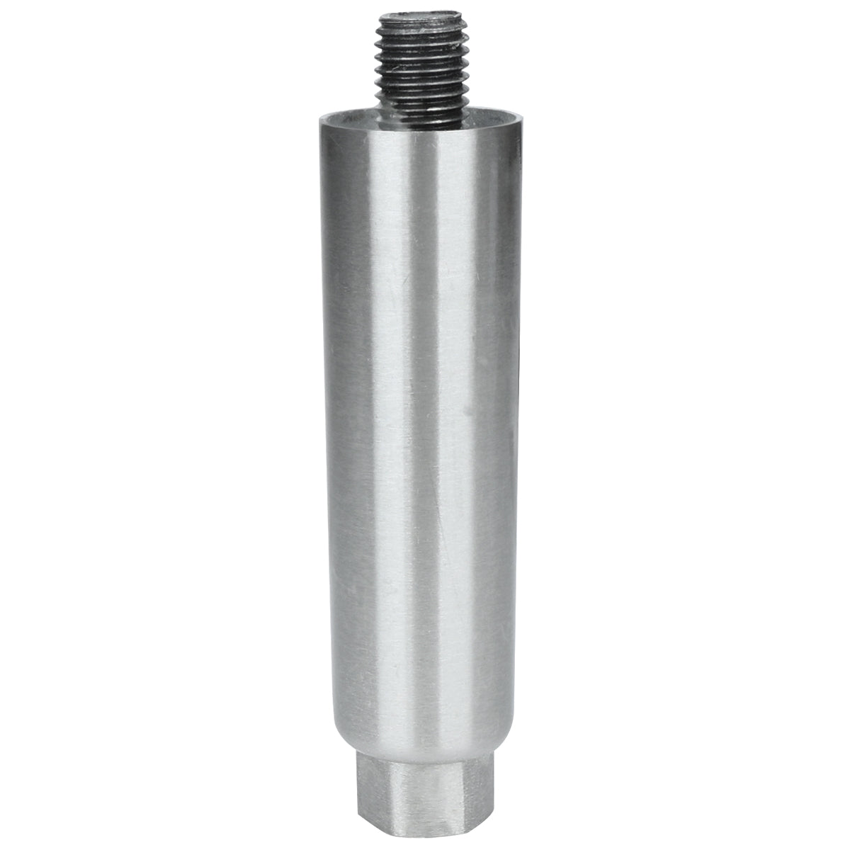 A cylindrical metal shaft from Empura Equipment with a smooth, brushed finish, featuring external threading at the top and a hexagonal base at the bottom. The shaft is vertically oriented, resembling replacement legs, isolated on a white background.