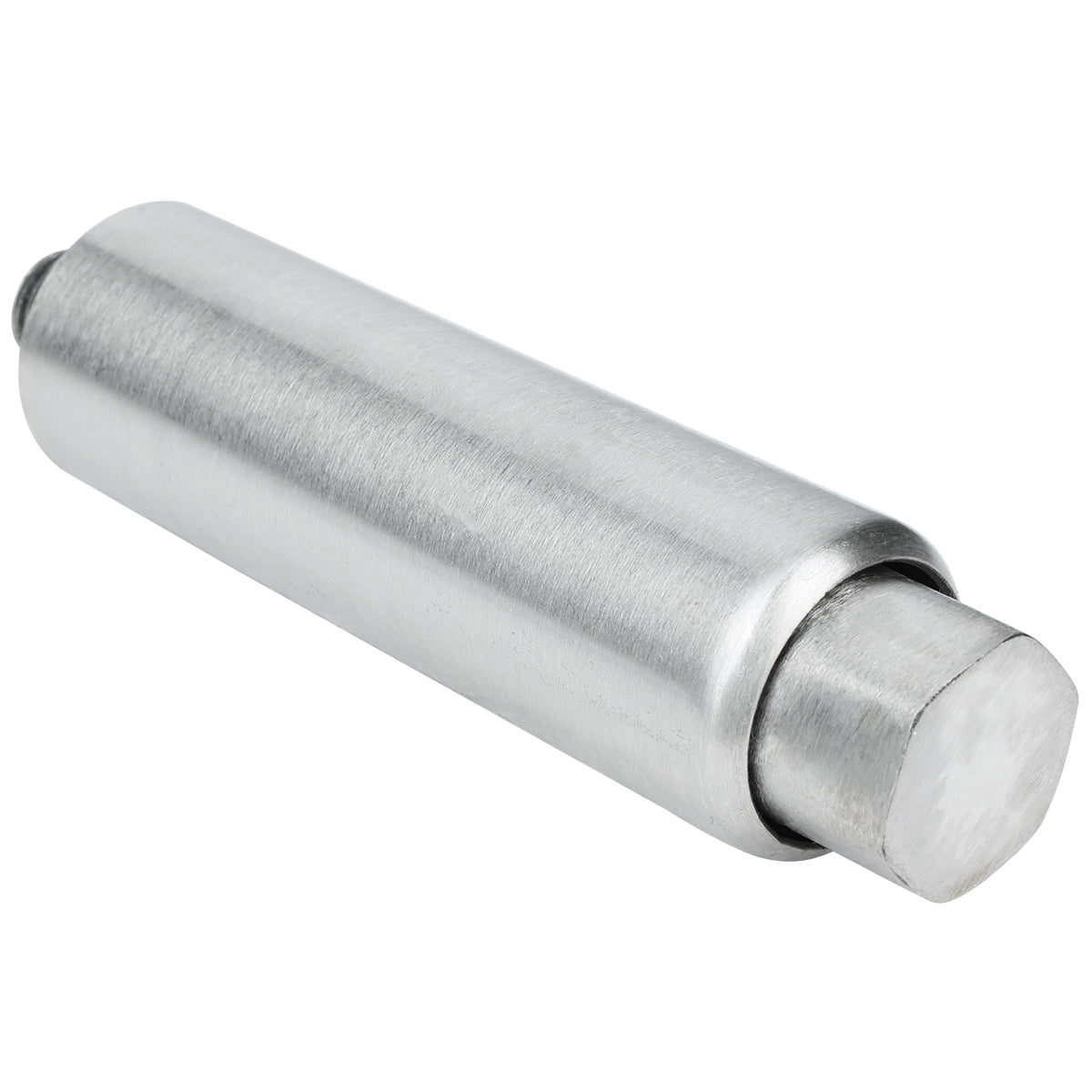 A metallic cylindrical object with a smooth, brushed finish, this item is likely a part of Empura Equipment. One end is flat and squared with a protruding square rod, suggesting it may function as one of the equipment’s legs. Shown on a white background.
