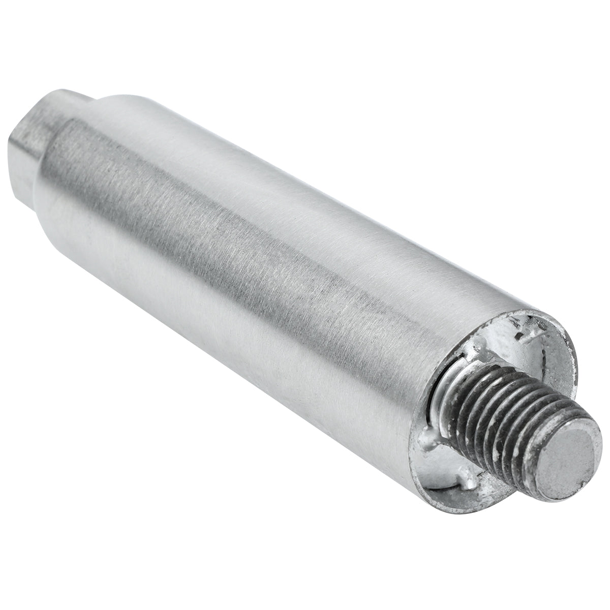 A close-up of an Empura Equipment metal pin with a smooth surface, featuring a threaded screw end and a slightly tapered opposite end—ideal for repairing or replacing Empura Parts such as legs. The metal appears polished against a white background.
