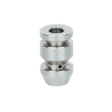 A small, metallic, cylindrical machined part with a central hole, two wider sections separated by a narrower middle, and a beveled bottom edge, shown against a white background. This smooth silver-gray piece is designed for use with Empura Equipment.