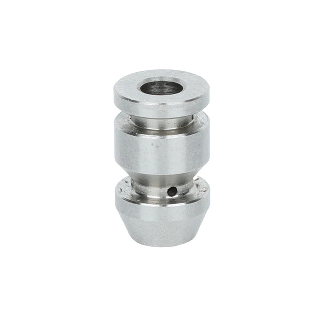 A small, metallic, cylindrical machined part with a central hole, two wider sections separated by a narrower middle, and a beveled bottom edge, shown against a white background. This smooth silver-gray piece is designed for use with Empura Equipment.