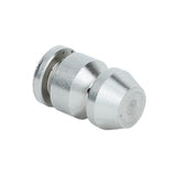 A silver, cylindrical metal part from Empura Equipment with a grooved middle section and chamfered ends, lying on its side against a white background. The machined pilot component features a smooth, reflective surface.