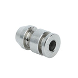 A small, cylindrical metal connector with a hole through the center and a side hole. With two wider ends and a narrower middle, this smooth, metallic Empura Parts component may serve as a pilot in mechanical or industrial applications.