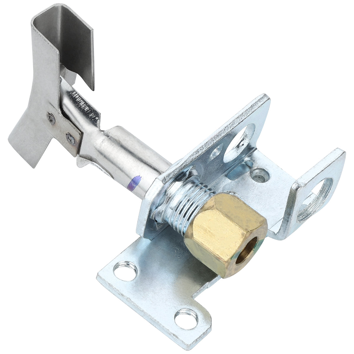 A metal gas pilot assembly for Empura Equipment features a silver bracket with multiple mounting holes, brass hexagonal nut, and small tube. The angled Pilot(LP) tip is designed for secure attachment in a gas appliance or furnace.