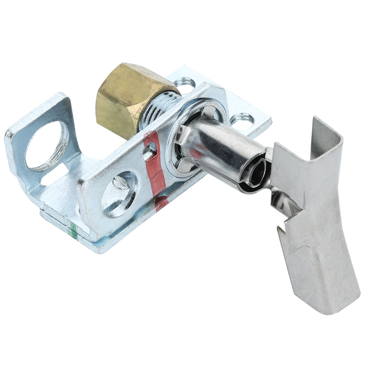 A close-up of an Empura Equipment angle stop valve with a mounting bracket. The valve features a threaded brass fitting, silver cylindrical body, and wing-shaped handle. The bracket has several holes for screws or mounting.