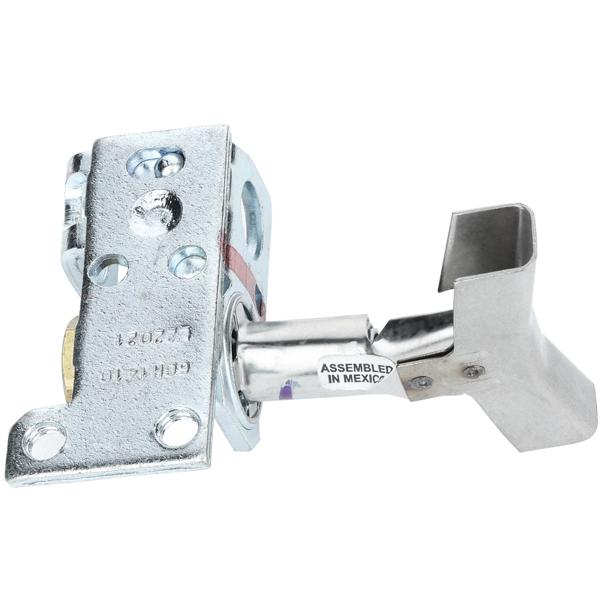 A close-up of a metal door latch mechanism from Empura Equipment, featuring a rectangular mounting plate and bolt. The silver latch, labeled “ASSEMBLED IN MEXICO,” has multiple screw holes and a flat, angled tip on the outward-extending bolt.